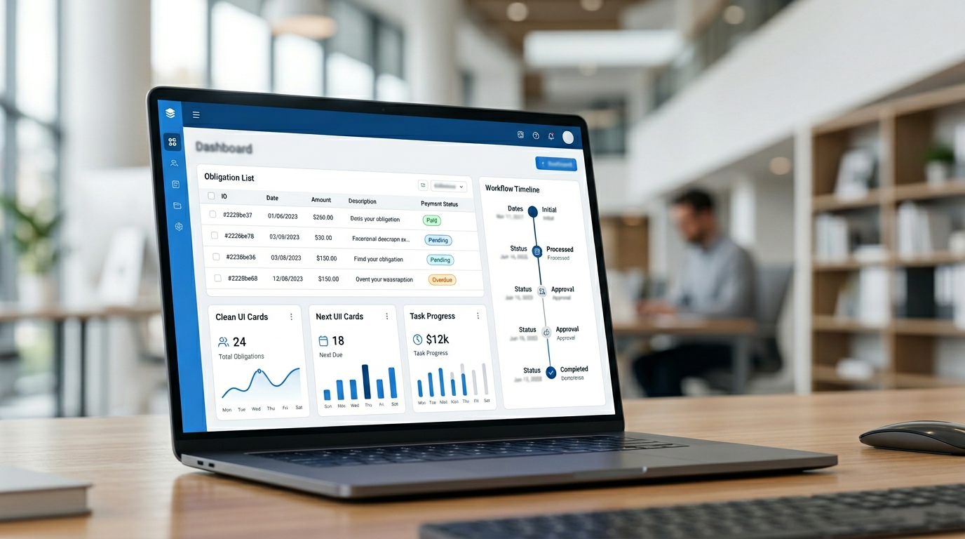 DigiDue platform dashboard with obligations and payment status